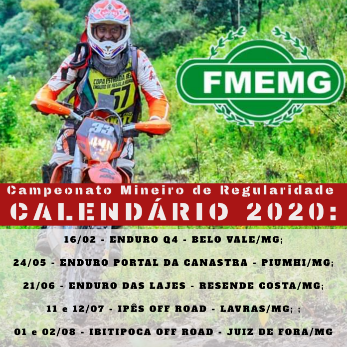 Confira as alterações no Calendário da COPA AMSM 2020: . . 02/02 - XXII ETEL - LUMINÁRIAS/MG; 08/03 - ENDURO DA TORMENTA - CARMO RIO CLARO/MG; 24/05 - ENDURO PORTAL DA CANASTRA - PIUMHI/MG; 11 e 12/07 - IPÊS OFF ROAD - LAVRAS/MG; 25/10 - ENDURO SÃO THOMÉ LETRAS/MG; 15/11 - ENDURO DE LAMBARI/MG; Inscrições: www.copaamsm.com.br
